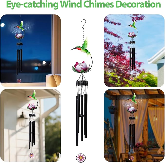 MUMTOP Solar Wind Chimes for Outside - Hummingbird with Lotus Crack Glass Ball Lights Wind Chimes Outdoor Unique, Windchimes Clearance for Garden, Patio,Yard Decor Gift