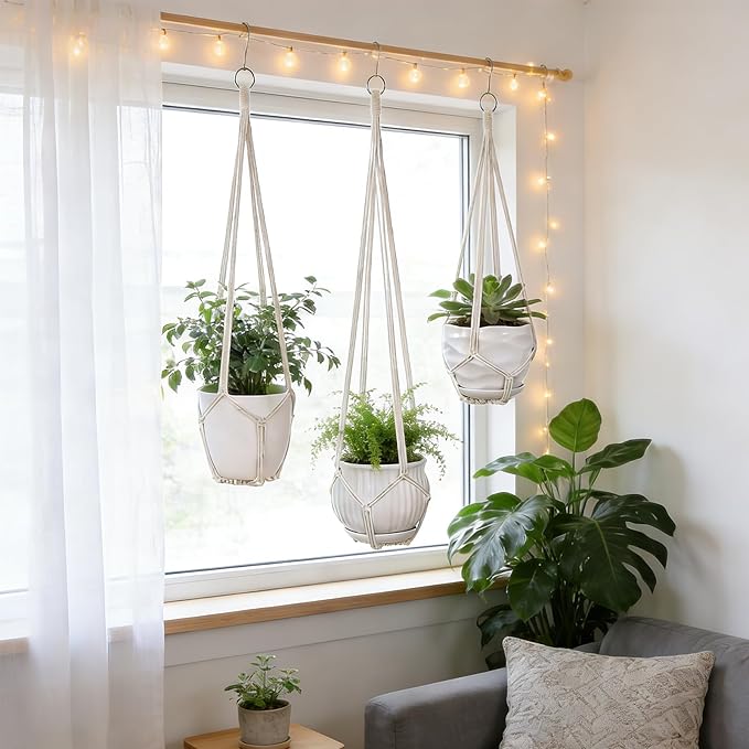YIBOT 3 Pack Macrame Plant Hanger Indoor Hanging Planter Basket with 3 Hooks, 35"/29"/23" Crochet Plant Holder Stand No Tassels for Indoor Outdoor Boho Home Decor, Ivory (POTS NOT Included)
