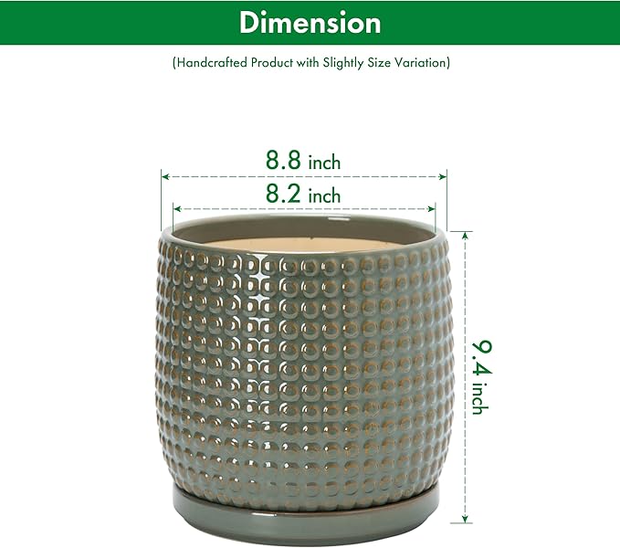 D'vine Dev 8 Inch Ceramic Beaded Stoneware Planter Pot - Flower Pot with Drainage Holes and Saucers for Indoor Succulent Plants or Flowers, Olive, 27-C-Q-0
