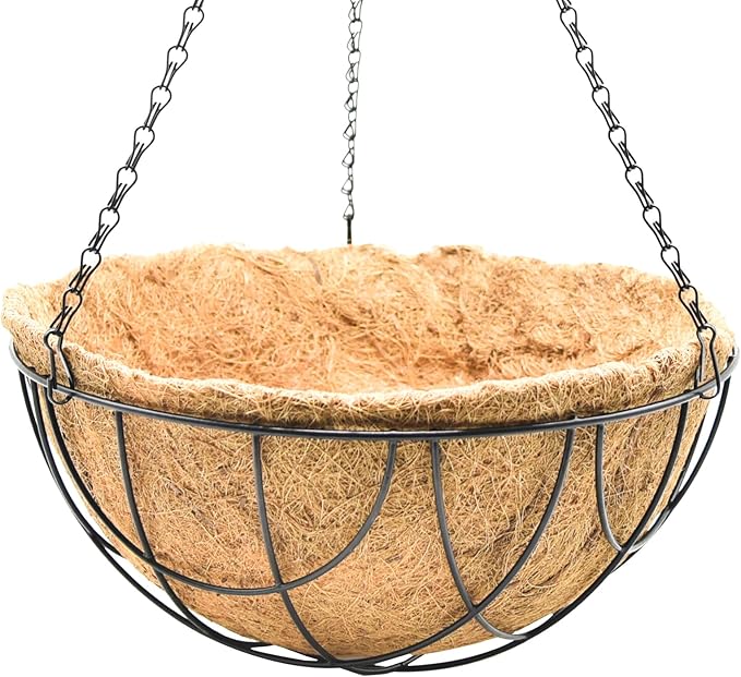 14 inch Metal Hanging Baskets For Plants Outdoor 4 Pack Round Metal Wire Hanging Basket Planter with Coco Fiber Liners Plant Holder for Garden, Patio, Deck, Porch Plants Flower Potss Outdoor(Grid)