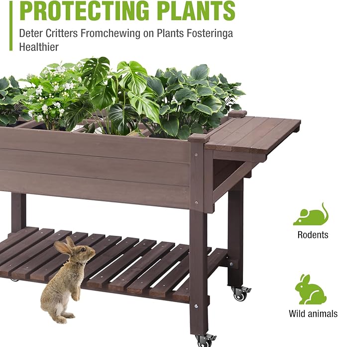 GUTINNEEN Elevated Wooden Planter Box with Locking Casters - 52.7" L x 22" W x 30" H Raised Garden Bed, Removable Liner & 230lb Weight Capacity for Outdoor Plants