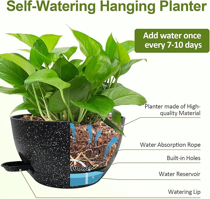 WOUSIWER Self Watering Hanging Planters, 2 Pack 10'' Plastic Pots with Drainage Holes & Reservoir Tray (Speckled Black) | Indoor & Outdoor Use for Ferns, Ivy, Herbs, Succulents