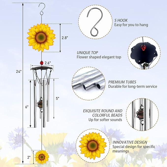 Wind Chimes for Outside Sunflower Wind Chimes Outdoor Home Patio Garden Decor Windchimes Outdoors Gift Ideas for Women Mom Grandma Sisters