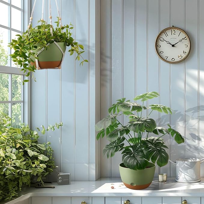 10 Inch Hanging Planters for Indoor Plants,Set of 2 Hanging Pots for Plants with Self-Watering, Outdoor Hanging Plant Pot with Drainage and 2 Kinds of Hanging Baskets Hangers for Home Decor and Garden