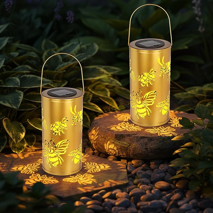 12.8" Large Size 2-Pack Outdoor Solar Lanterns Waterproof Metal Bee Patterns Garden Decor Gifts for Women Mom Grandma Hanging Solar Lanterns for Outside Yard, Patio, Backyard, Porch