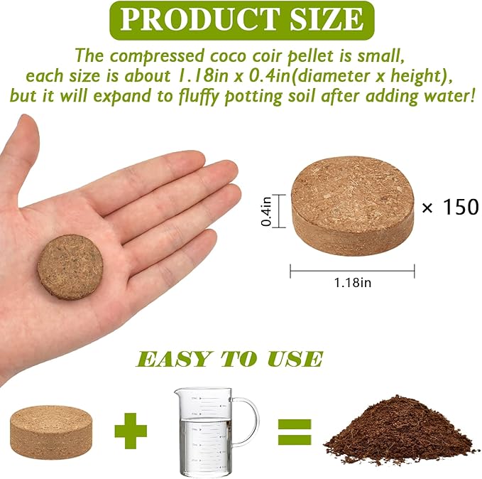 ZeeDix 150pcs 30mm Coco Coir Pellets Potting Soil, Organic Coconut Fiber Seed Starter Soil Pellets, Coconut Coir Soil Discs for Indoor Outdoor Plants, Herbs Houseplants Flowers Succulents Vegetables