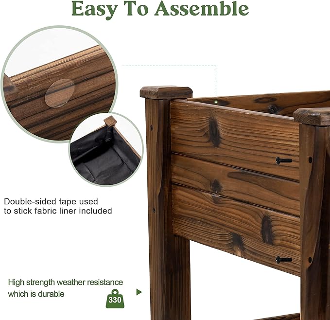 Cedar Wood Outdoor Raised Garden Bed Planter Box with Locking Wheels, 41x21x20 inch, Carbonization Color