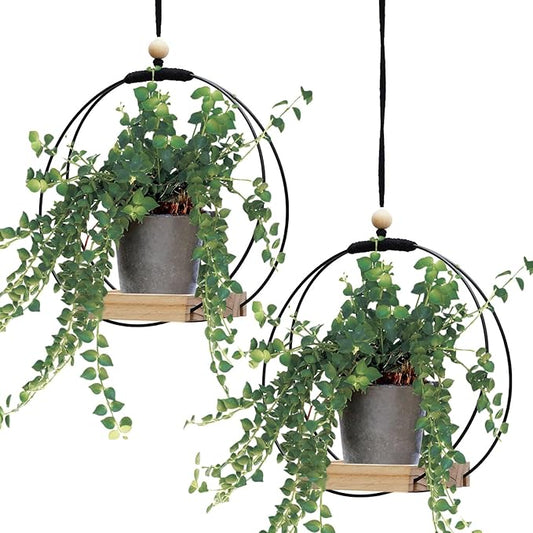 Geelin 2 Pack Plant Hanger with Wood Base Hanging Window Planter Boho Macrame Hanging Plant Holders for Window Indoor Outdoor Room Ceiling Home Decorations(Black)