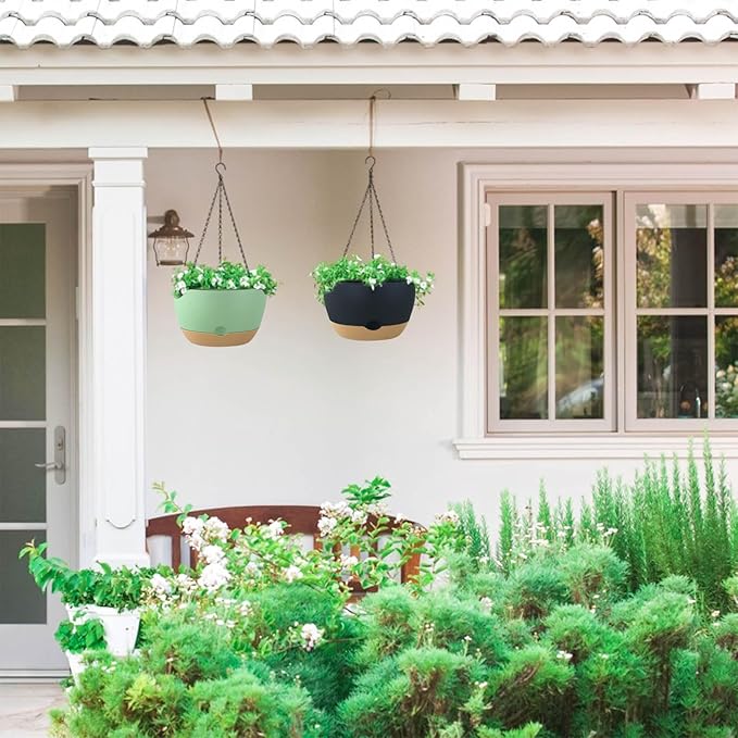 2 Pack Hanging Planters for Outdoor Plants,10 Inch Hanging Pots for Plants Indoor,Plastic Hanging Plant Pots for Outside with Drainage Hole and Removable Saucer for Garden Home