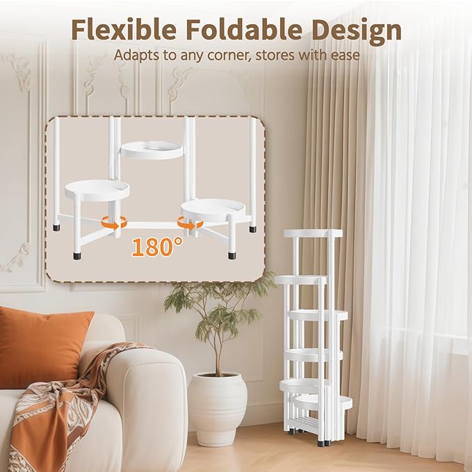 LASZOLA 6 Tiered Folding Tall Plant Stand Indoor for Multiple Large Planter, Heavy Duty Metal Adjustable Flower Rack for Narrow Corner, Sturdy Vertical Spiral Shelving Holder for Modern House, White