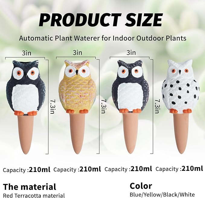 4 Pack Plant Watering Devices, Owl Shape Terracotta Watering Stakes, Vacation Self Watering Planter Insert, Large Self Watering Globes for Indoor Outdoor Plants