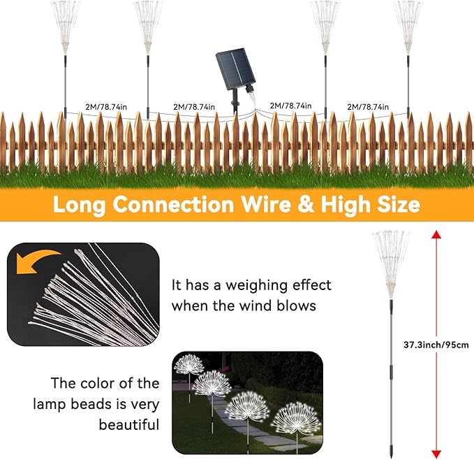 Solar Garden Lights Outdoor Waterproof, 4 Pack Total 480 LED Solar Firework Lights Decorative with 8 Lighting Modes Outside for Yard Pathway Flowerbed Decor, White