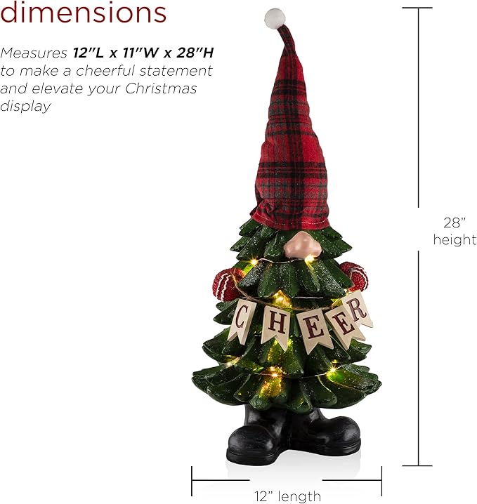 Alpine Corporation 28" Tall Christmas Tree Cheer Gnome Holiday Decoration with 20 Color-Changing LED Lights, Indoor/Outdoor Festive Accent for Porch, Lawn, or Entryway