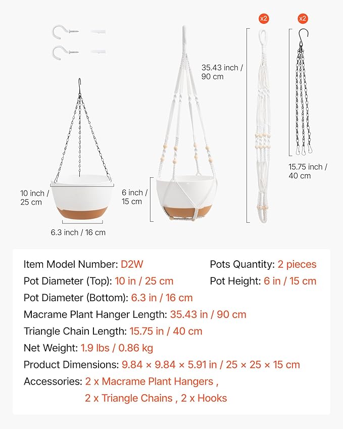 VEVOR Hanging Planters, 10 Inch Self-Watering Hanging Planter, 2 Pack Flower Pots with Drainage Hole & 2 Kinds of Plant Hangers, Plastic Basket Pots, for Garden Home Decor, Indoor & Outdoor Plants