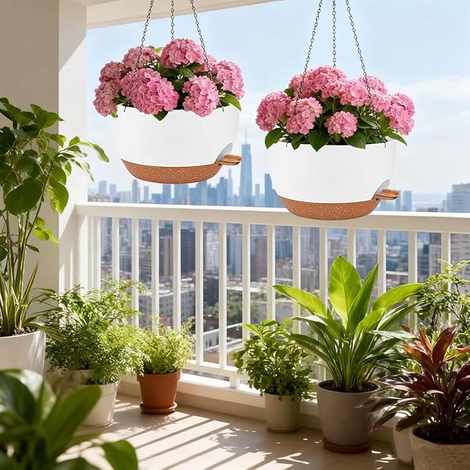12 Inch Self Watering Hanging Planter for Indoor Outdoor Plants, 2 Pack Hanging Flower Pots with Drainage Holes and Saucers, Plastic Hanging Baskets for Kitchen, Balcony, Garden Decoration