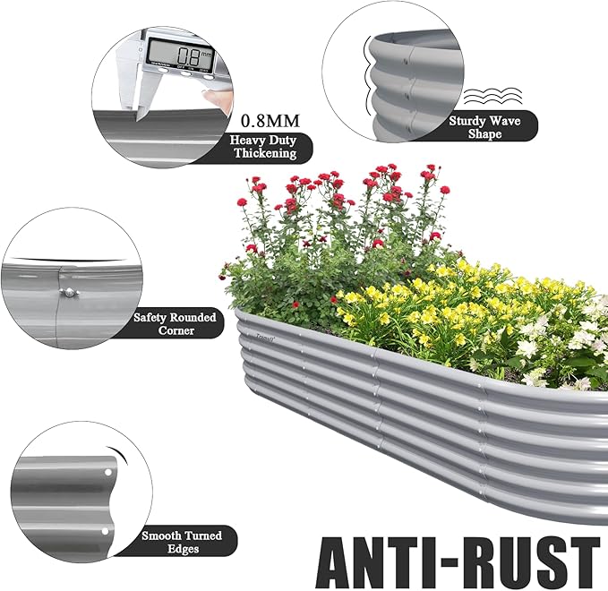 4 Pack 8x3x1.5FT Galvanized Raised Garden Bed Large Metal Planter Box Kit Elevated Raised Garden Planters for Outdoor Plants, Gray