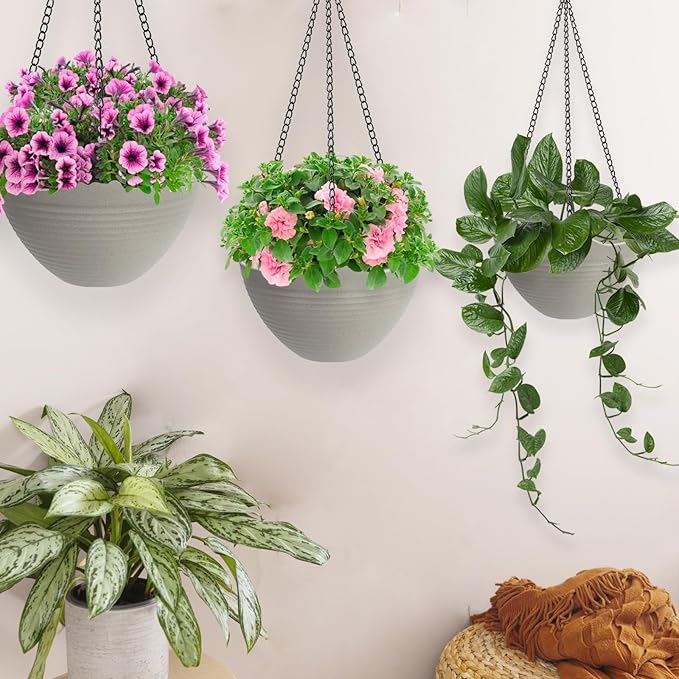 Hanging Planters for Indoor Plants 3 Pack - 7/8/10 Inch Plastic Hanging Pots with Water Sieve Mesh, Small Hanging Pots for Home Garden, Porch, Balcony & Patio Decor, Grey White
