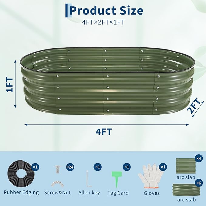 PeakPursuit 4X2x1Ft Galvanized Raised Garden Bed Kit, Metal Planter Box, Oval Raised Beds with Open-Ended Base for Vegetables, Flowers, Herbs & Fruits