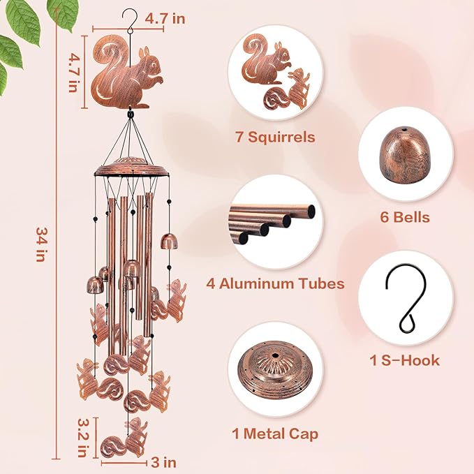 Squirrel Wind Chimes for Outside,Squirrel Gifts for Women Men/Memorial Gift/Sympathy Gift/Birthday Gifts Metal windchimes Outdoors/Indoors,Garden Decor,Patio,Home,Porch,Yard Decorations