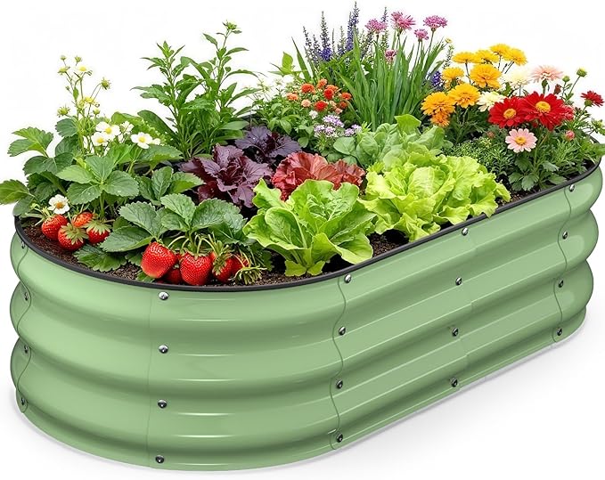 Galvanized Raised Garden Bed, Oval Planter Raised Bed 4x2x1ft Metal Raised Garden Bed Outdoor for Growing Vegetables, Flowers, Herbs, Metal Planter Box for Yard, Patios, Balconies(Fruit Green)