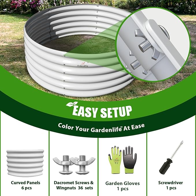 A ANLEOLIFE 6-Packs 4ft x 18” Tall Round Galvanized Raised Garden Beds Outdoor for Planting Vegetables Flowers Herb, Antique White