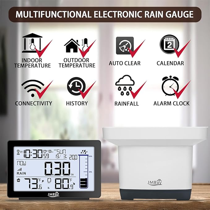 Wireless Rain Gauge Outdoor, Digital Rain Gauge Outdoors Best Rated with Thermometer,Accurate Self-Emptying Rain Measure Gauge for Garden,Remote Electronic Rain Meter,Freeze Proof Rainfall Measurer
