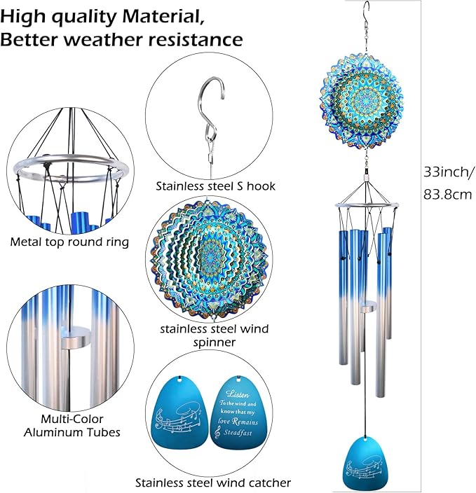 Wind Chimes for Outside with Mandala Wind Spinner,33" Memorial Windchimes Outdoor Hanging Decor Gifts for Mom Women Wife Grandma Men,Zen Garden Patio Home Decoration,Christmas Ornaments
