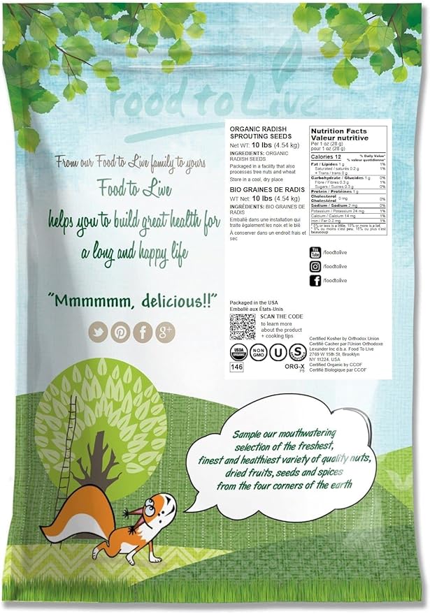 Food to Live Organic Radish Seeds for Sprouting, 10 Pounds - Non-GMO, Edible Seeds, Vegan, Kosher, Bulk. Spicy Flavor. Rich in Vitamin C. High Germitation Rate. Grow Sprouts, Microgreens for Rolls.