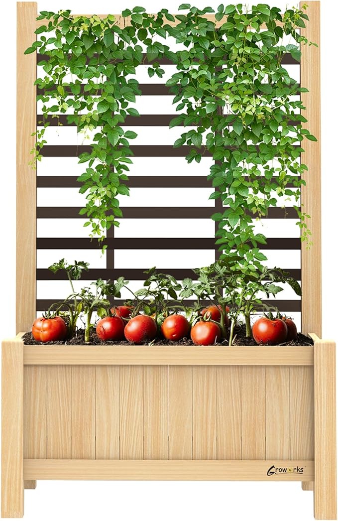 Raised Garden Bed Outdoor, Cedar Wooden Planter Boxes with Trellis, 17.7”L x 16.1”W x 27.6”H Raised Planter Box with Legs for Backyard, Patio, Balcony with Bed Liner (Natural)
