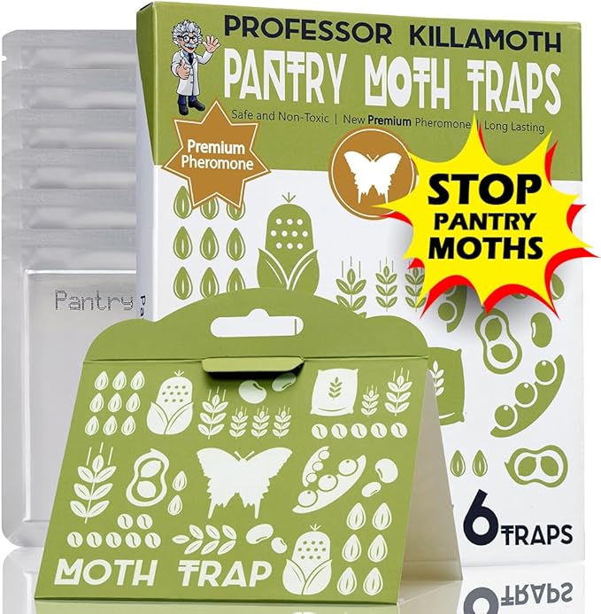 Professor Killamoth Triple-Strength Pantry Moth Traps 6 Pack – Safe Pheromone Moth Traps for House & Kitchen – Non-Toxic Pantry Pest Solution for Indian Meal Moths