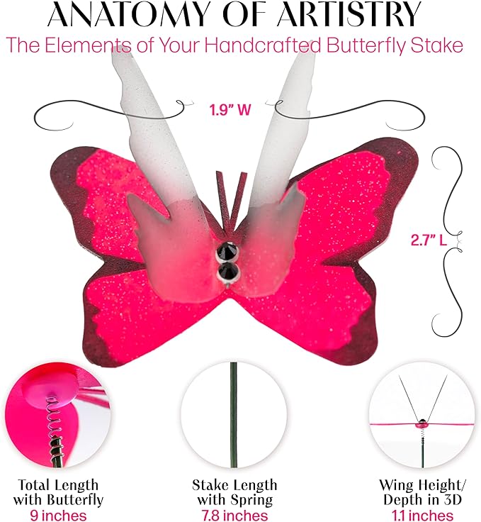 Handmade Glowing Pink Butterfly Garden Stakes - Set of 7 Premium 3D Hand-Painted Butterflies with Fluttering Spring Movement, Weatherproof Metal Rod, Outdoor Indoor Decor, Ideal Gift