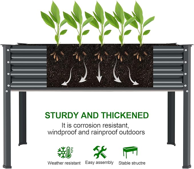 Land Guard Galvanized Raised Garden Bed with Legs, 48×24×32in Large Metal Elevated Raised Planter Box with Drainage Holes for Backyard, Patio, Balcony, 700lb Capacity(Grey)……