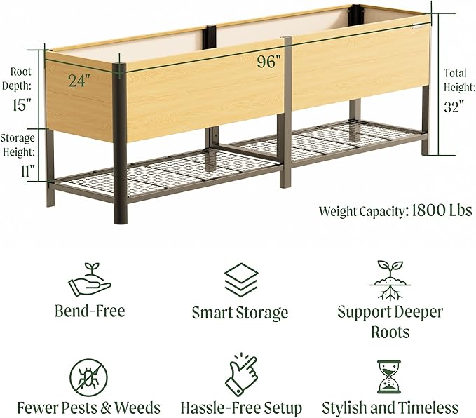 Raised Garden Bed with Legs, 2' x 8' Metal Woodgrain Elevated Outdoor Planters Boxes with Storage Rack for Patio, 1800 lbs Weight Capacity, Raised Beds for Gardening Herb Flowers Vegetables