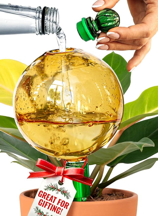 16 Oz Plant Watering Globes for Indoor Plants with Metal Self Watering Planter Insert - Premium XL Glass Hand-Blown Globe - Automatic Plant Waterer Indoor, Gift Idea for Gardeners [1 Globe, Golden]