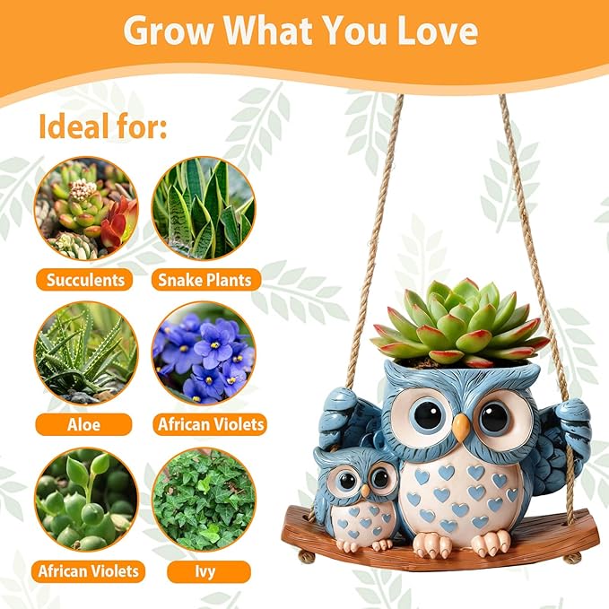 Swing Owl Hanging Planter for Indoor Plants, Cute Small Succulent Pot with Drainage Hole, Unique Resin Hanging Plant Hangers for Outdoor Decor, Plant Holder for String of Pearls, Gift Ideas for Mom