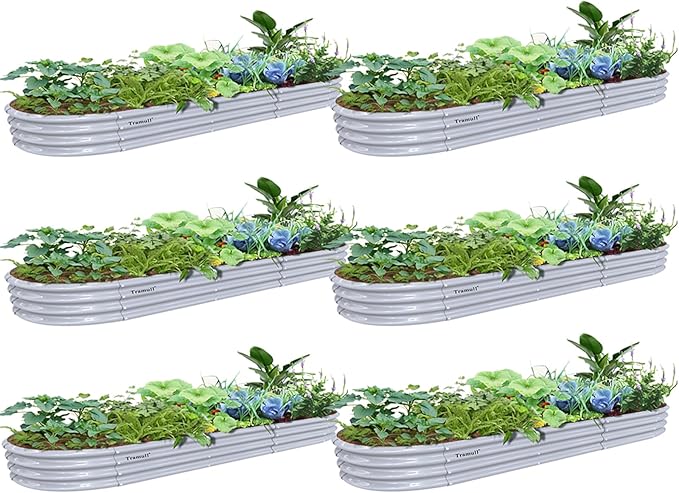 6 Pack 12x2x1FT Galvanized Raised Garden Bed Kit Oval Metal Ground Planter Box Outdoor Bottomless Planter Raised Beds for Vegetables Flowers Herbs Fruits, Gray
