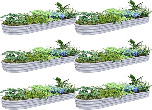 6 Pack 12x2x1FT Galvanized Raised Garden Bed Kit Oval Metal Ground Planter Box Outdoor Bottomless Planter Raised Beds for Vegetables Flowers Herbs Fruits, Gray