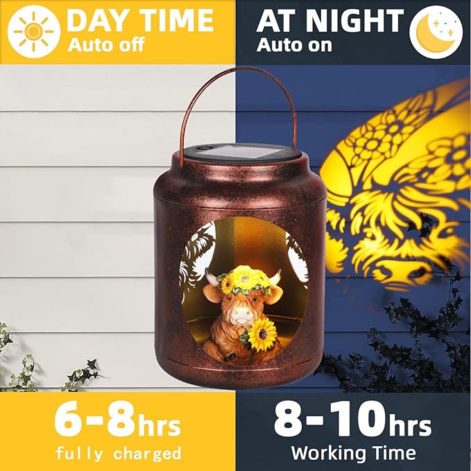 Solar Lanterns Outdoor Waterproof Metal Highland Cow Patterns with Resin Highland Cow Inside Garden Decor Gifts for Women Mom Grandma Hanging Solar Lights Decoration Outside for Yard, Patio, Backyard
