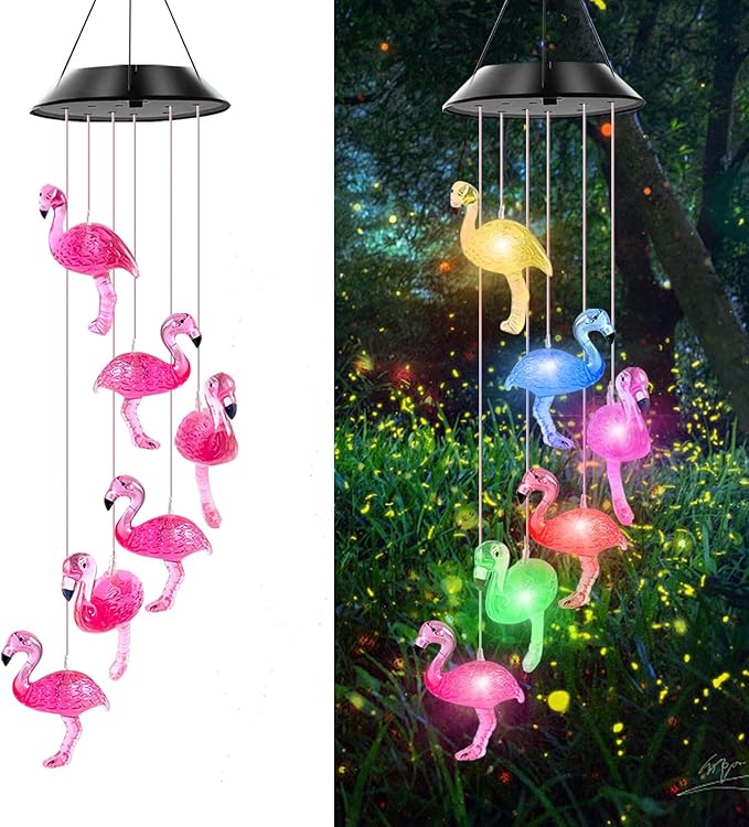 Solar Flamingo Wind Chimes,IP65 Waterproof Flamingo Lights with Color Changing LED Solar Wind Chimes, Light LED Black Cover Gift for Christmas Garden Decor Porch Decoration