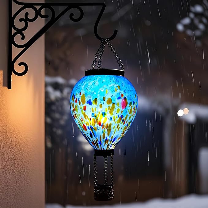 VOREEN Solar Hot Air Balloon Glass Lantern – Hand Blown Multicolor Glass Outdoor Hanging Light, IP44 Waterproof LED, Garden Patio Decoration Gift for Mom Wife Friend, Backyard Night Lighting Decor