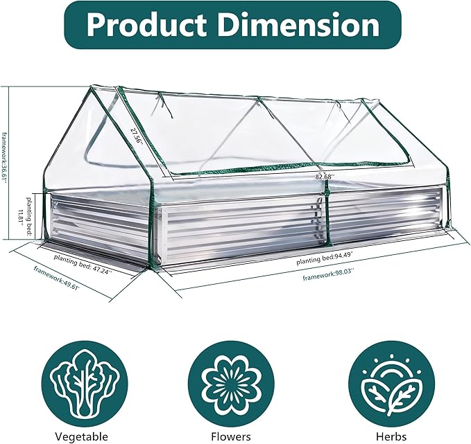 Smug Outdoor Raised Garden Bed with Transparent Waterproof Cover for Growing Vegetables, Cold-Resistant Planter Box Kit with Large Screen Windows for Herbs & Flowers, 8x4x1ft