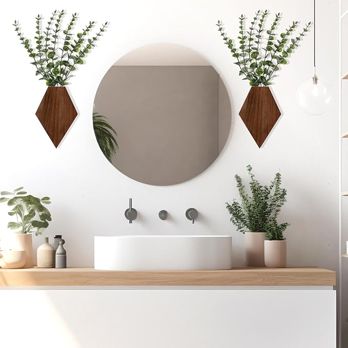 Chunful 2 Pcs Wooden Wall Planter Decor Hanging Fake Plants Greenery Flowers Holder Vase Boxes for Wall Bohemian Farmhouse Room Kitchen Office Indoor Decoration(Walnut Color,7.1 x 4.7 x 1.2 Inches)