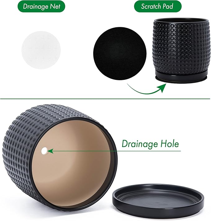 D'vine Dev 10 Inch Ceramic Beaded Stoneware Planter Pot - Flower Pot with Drainage Holes and Saucers for Indoor Succulent Plants or Flowers, Ebony Matte, 27-C-P-6