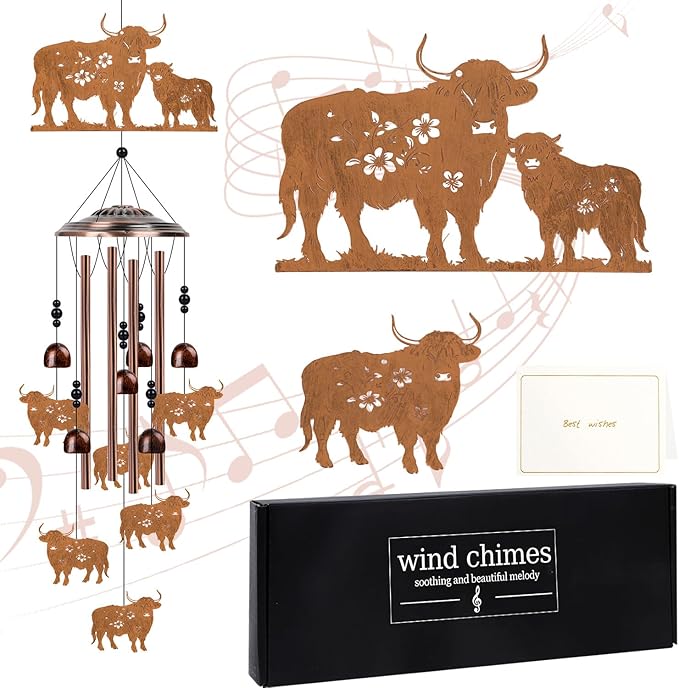 Highland Cow Wind Chimes for Outside - Luvsweets Highland Cow Gifts for Women Men, Mom Grandma Birthday Mother's Day, Memorial Wind Chimes for OutdoorGarden Patio Yard Porch Decor