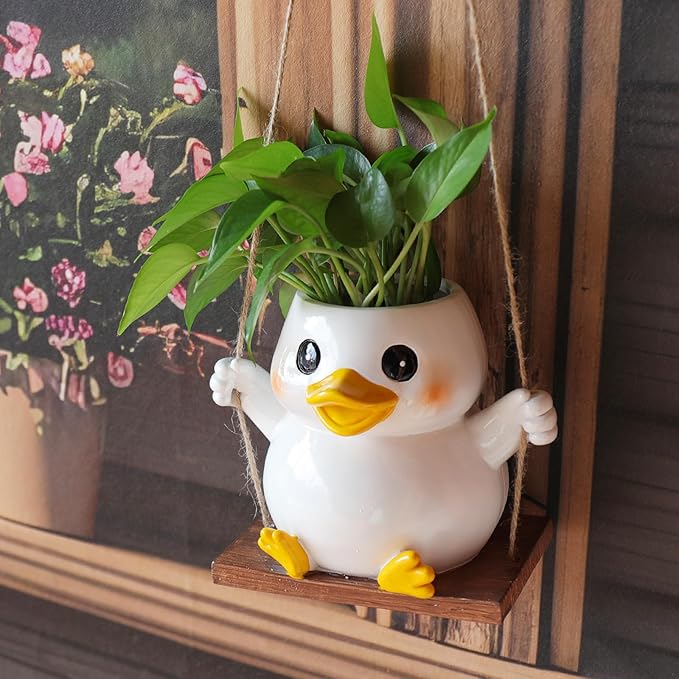 Swing Duck Hanging Planters for Indoor Plants, Cute Succulent Pots with Drainage Hole, Unique Resin Plant Hangers Garden Outdoor Decor, Hanging Plant Holder for String Of Pearls, Gift Ideas for Mother