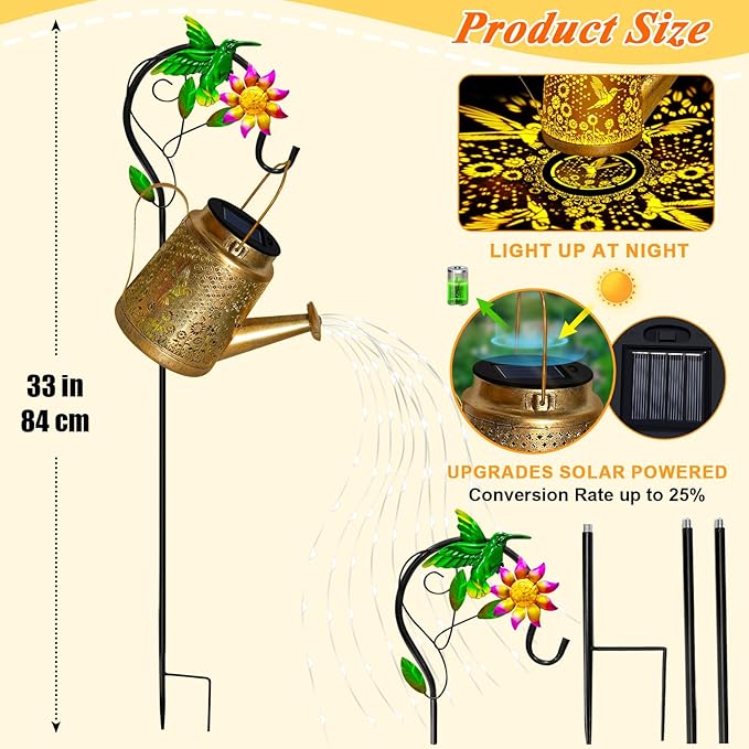 Christmas Gifts Hummingbird Solar Lanterns Garden Decor, Outdoor Waterproof Watering Can with Shepherd Hook, Solar Garden Decor for Yard Outdoor Landscape Pathway, Gifts for Women Mom Grandma Birthday