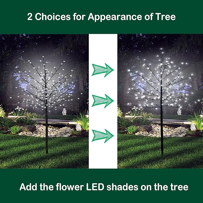 LED Solar Lighted Cherry Blossom Tree,6Ft Light up Cherry Tree Outdoor with 200 Crystal Flower Detachable for Pathway Porch Yard Patio Garden Decor Holiday Decorations Christmas Easter Pure White