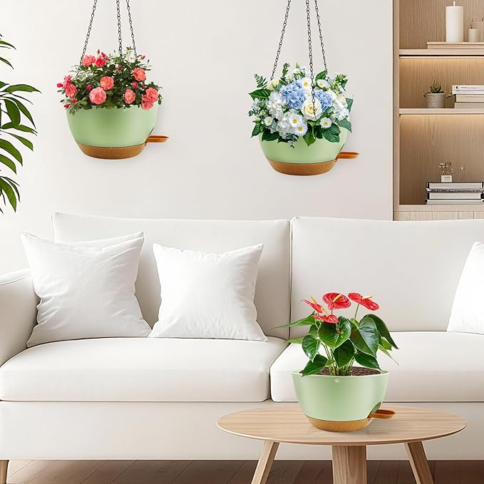 10 inch Hanging Planters for Indoor Plants, 3 Pack Self-Watering Hanging Planter Pots with Chain and Drainage Holes, Outdoor Plastic Hanging Baskets for Garden Home Decor