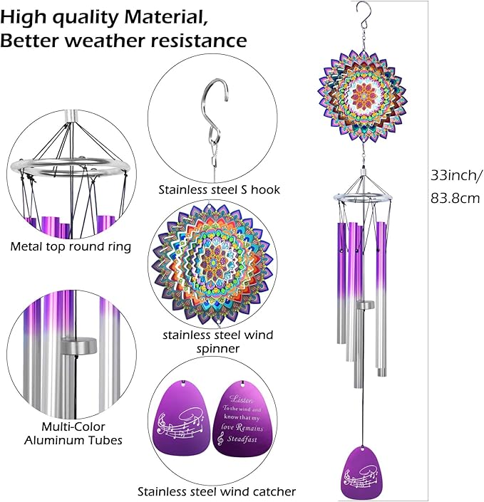 Wind Chimes for Outside with Wind Spinner Mandala Lucky Clover,33" Memorial WindChimes Outdoor Hanging Decor for Zen Garden Patio,Best Gifts for Mom Women Wife Grandma,Christmas Ornaments