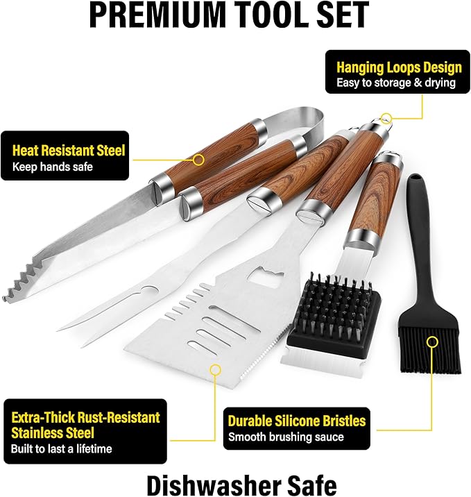 Yekale BBQ Grill Accessories Set, Grill Tools Grilling Accessories Grilling Gifts for Men - Spatula, Fork, Brush, Tongs & Cleaning Brush - Outdoor Barbecue Utensils Gifts for Men Dad Him (Wood)